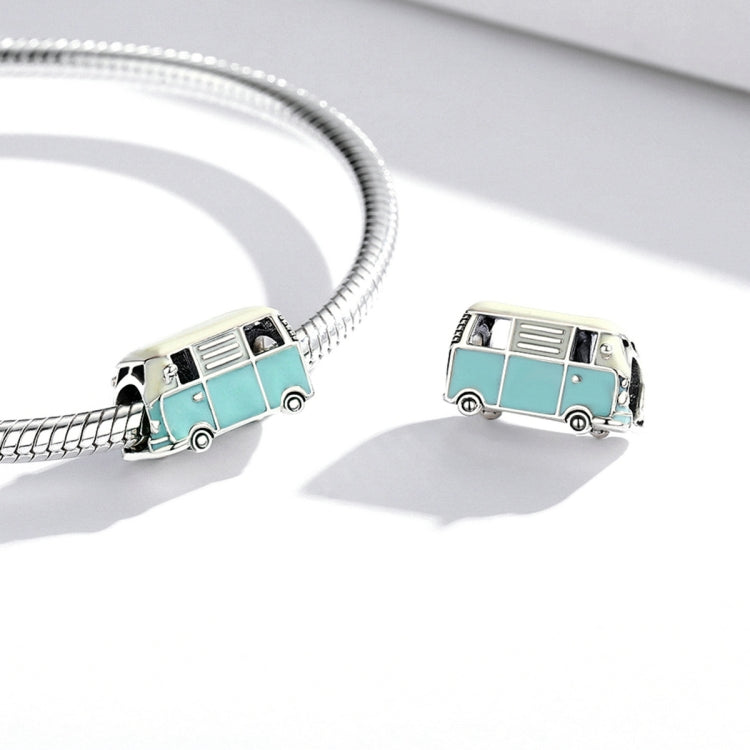 Two mini bus charm beads on silver snake chain, mint and pale yellow enamel