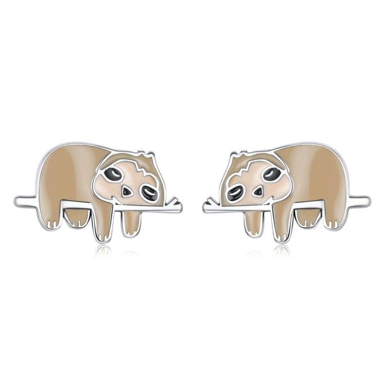Sterling silver sloth stud earrings with enamel face design, butterfly-back style