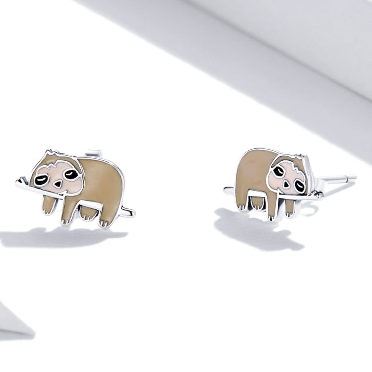 Pair of silver sloth ear studs with enamel faces, slim post and back details