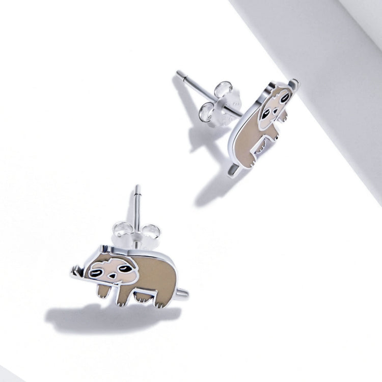 Silver sloth ear stud earrings with enamel faces, showing posts and butterfly backs