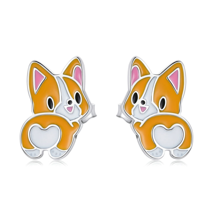 Sterling silver corgi ear stud earrings with orange, white and purple enamel