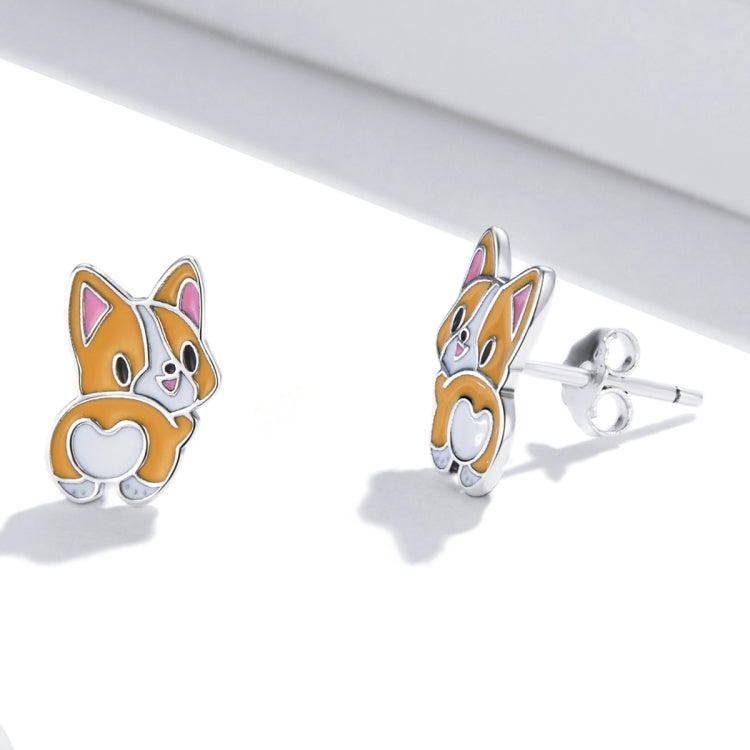 Sterling silver corgi ear stud earrings with enamel face and white chest