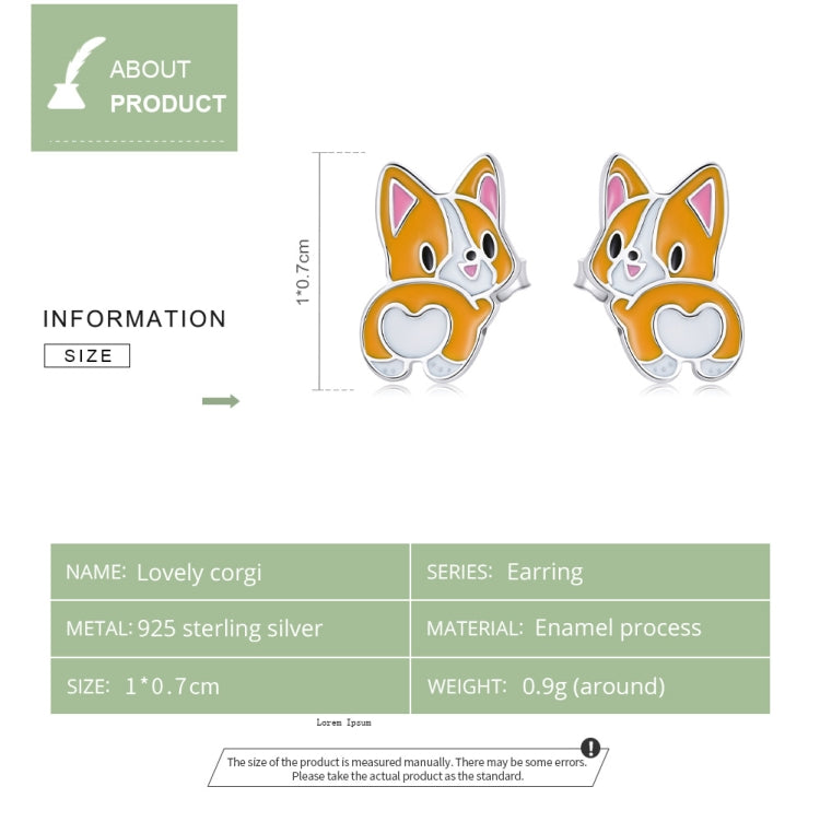 Pair of corgi ear stud earrings in sterling silver with orange and white enamel