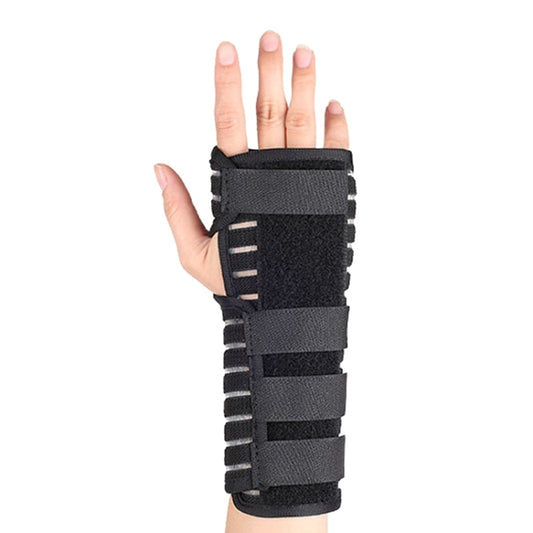 Black hand and wrist joint support brace with adjustable hook-and-loop straps.