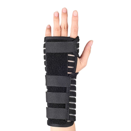 Black hand brace with segmented support bands and adjustable wrist strap.