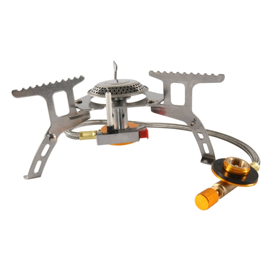 Portable gas stove with burner head, four pot supports, and fuel hose assembly