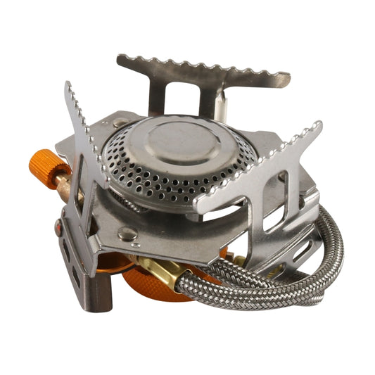 Portable gas stove with split burner, metal frame, and ignition lighter hose