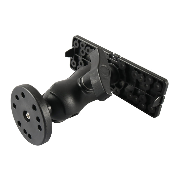 Black transducer mounting bracket with round disc base and angled support arm