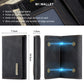 Black 3-fold multi card wallet showing interior card pockets and stitched trim