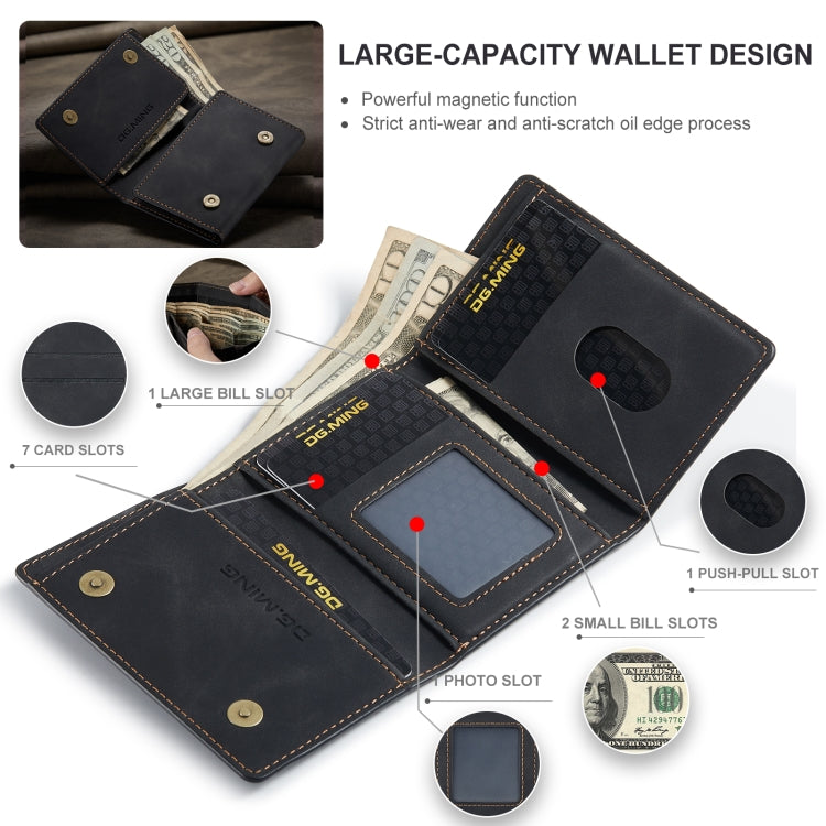 Open black 3-fold wallet layout with card slots, photo window, and push-pull slot