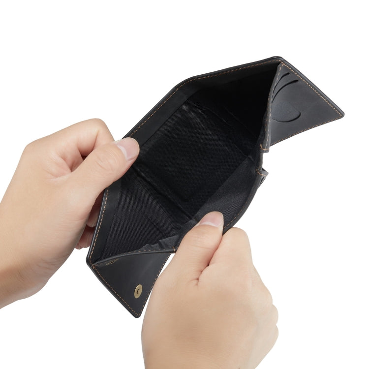 Black 3-fold multi card wallet opened by hands, showing inner compartments