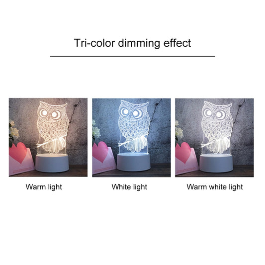 Owl-shaped 3D LED night light showing tri-color dimming effects