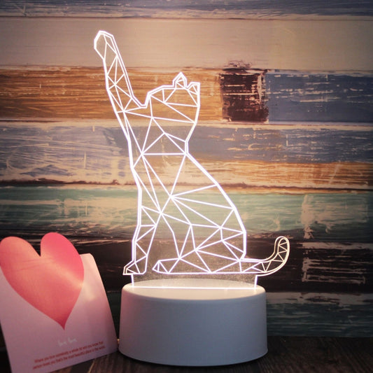 3D LED night light with geometric cat outline on a round white base