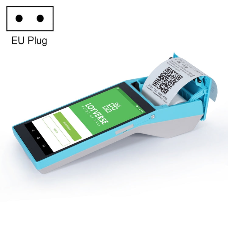 Blue handheld POS receipt printer with 5.5 inch HD screen and EU plug