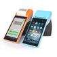 Blue and orange handheld POS receipt printers side by side with 5.5 inch screens