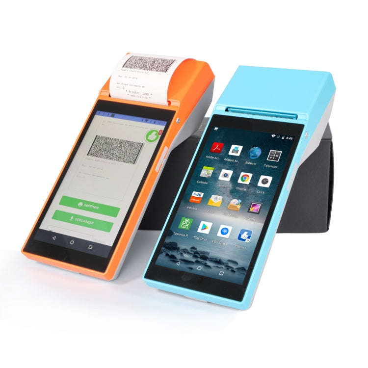 Blue and orange handheld POS receipt printers side by side with 5.5 inch screens