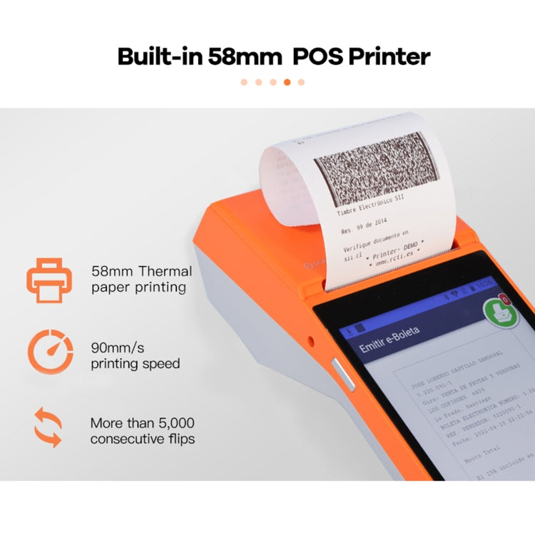 Handheld POS receipt printer with thermal paper roll and 5.5-inch screen display
