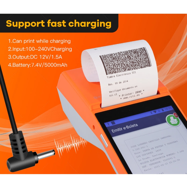 Handheld POS receipt printer showing fast charging and receipt printer mechanism