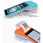 Handheld POS receipt printer with blue top, screen, and ports labeled on body