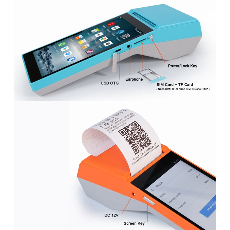 Handheld POS receipt printer with blue top, screen, and ports labeled on body