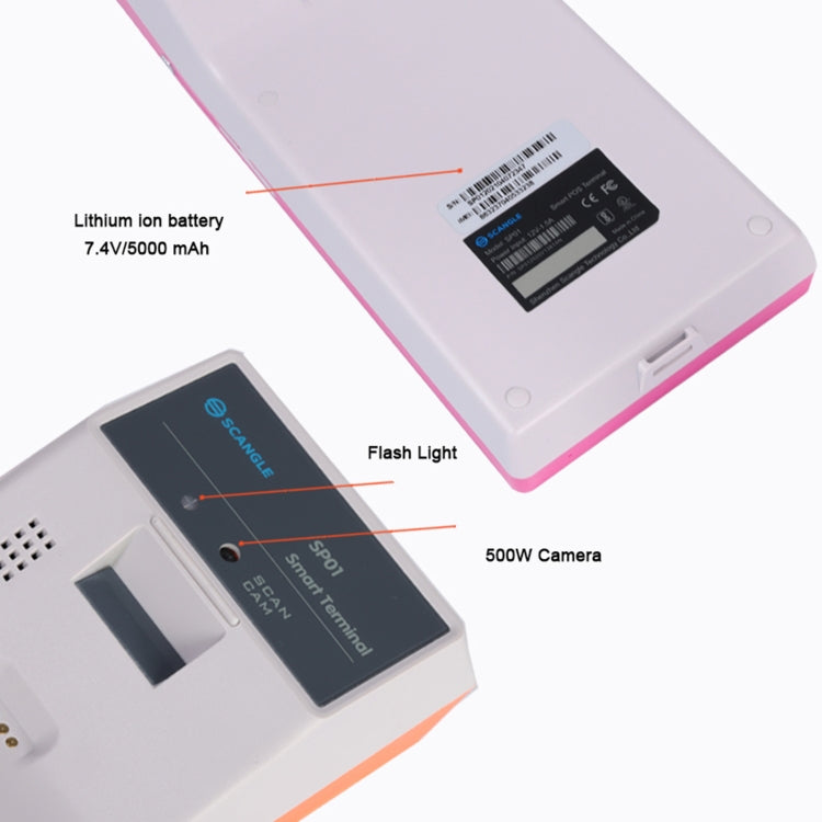 Handheld POS receipt printer with lithium-ion battery label, flash light, and 500W camera