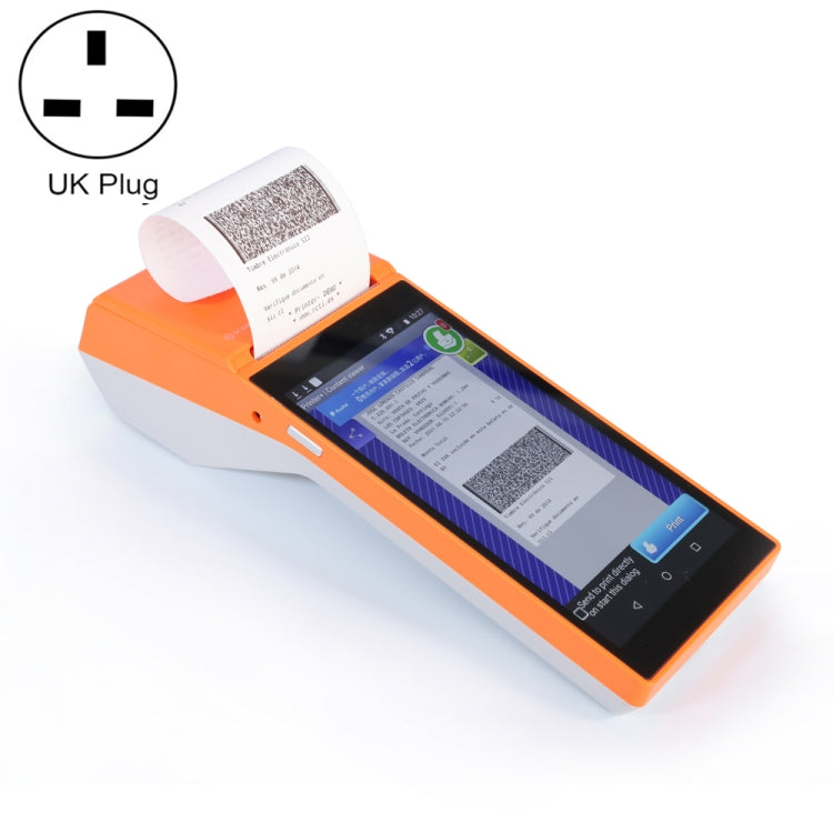 Orange handheld POS receipt printer with 5.5 inch HD screen and UK plug
