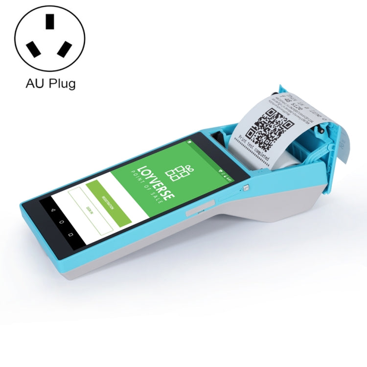 Blue handheld POS receipt printer with 5.5 inch HD screen and AU plug