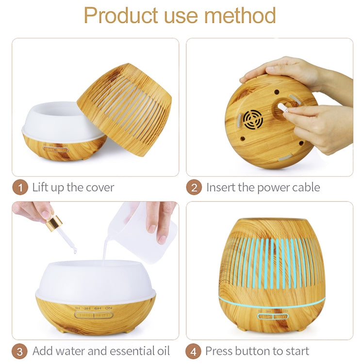 Hollow-out LED humidifier with wooden cover and base, hands lifting lid