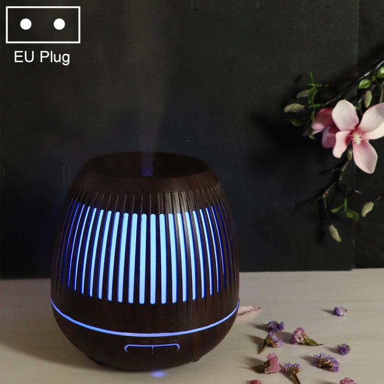 Dark brown wood 400ml hollow-out LED humidifier, EU plug, blue light