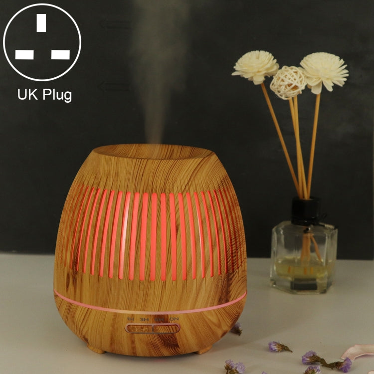 Light brown wood 400ml hollow-out LED humidifier, UK plug, red light