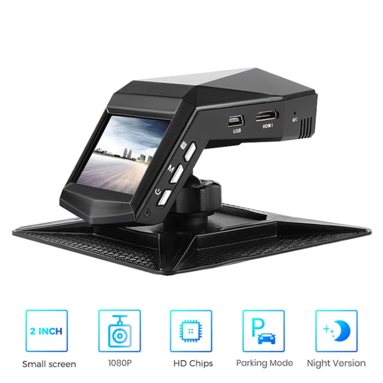 Hidden dash cam with 2-inch screen and visible USB/HDMI/MIC ports on black body.