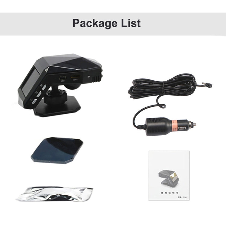 Dash cam package list showing camera unit, power cable, mount parts, and accessories.