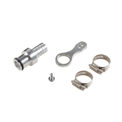 Coolant bypass hose barb adapter kit with metal clamp, bracket, and screws