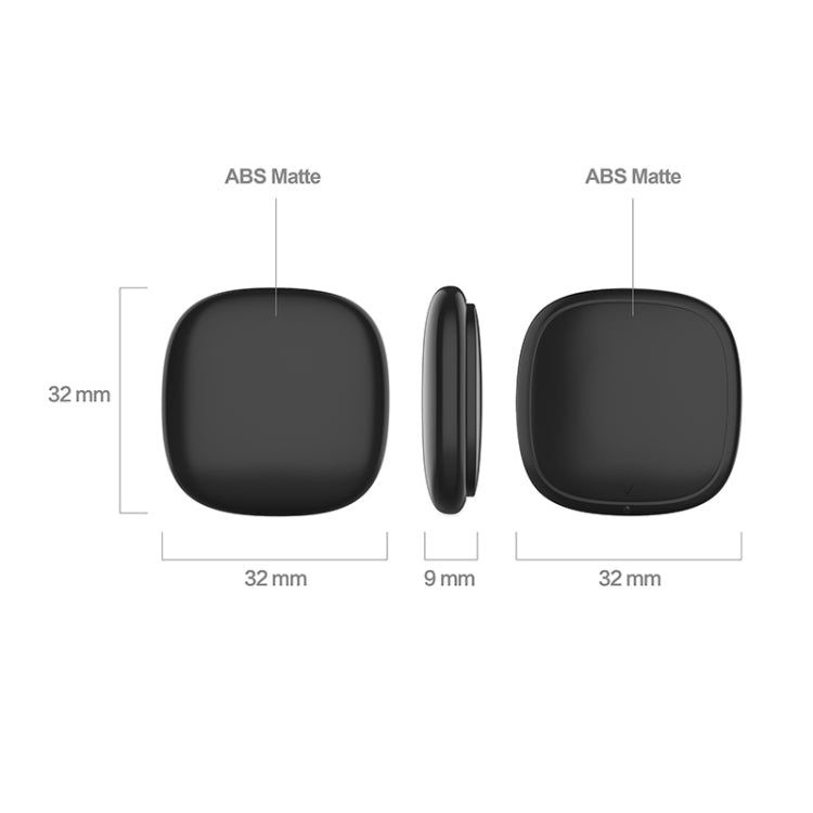 Black ABS matte anti-lost locator tracker; front and side view with size marks