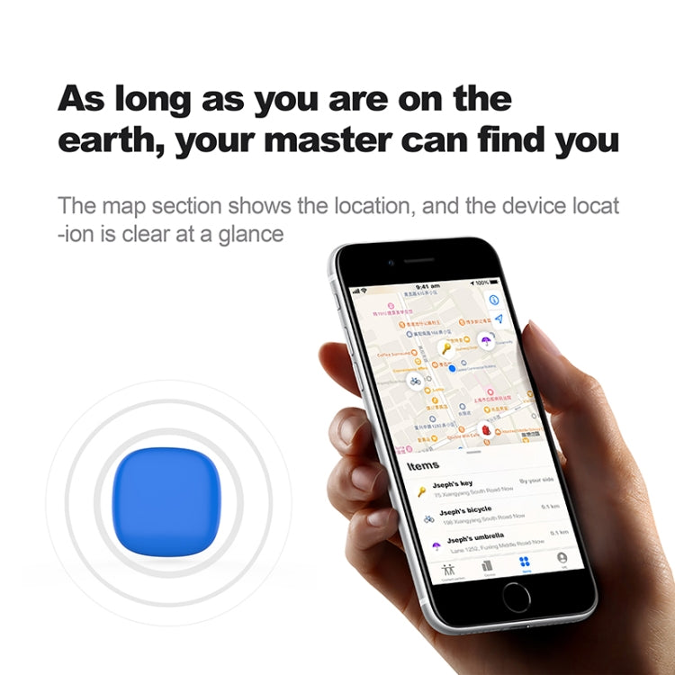Hand holding smartphone showing map screen with a blue locator tracker icon