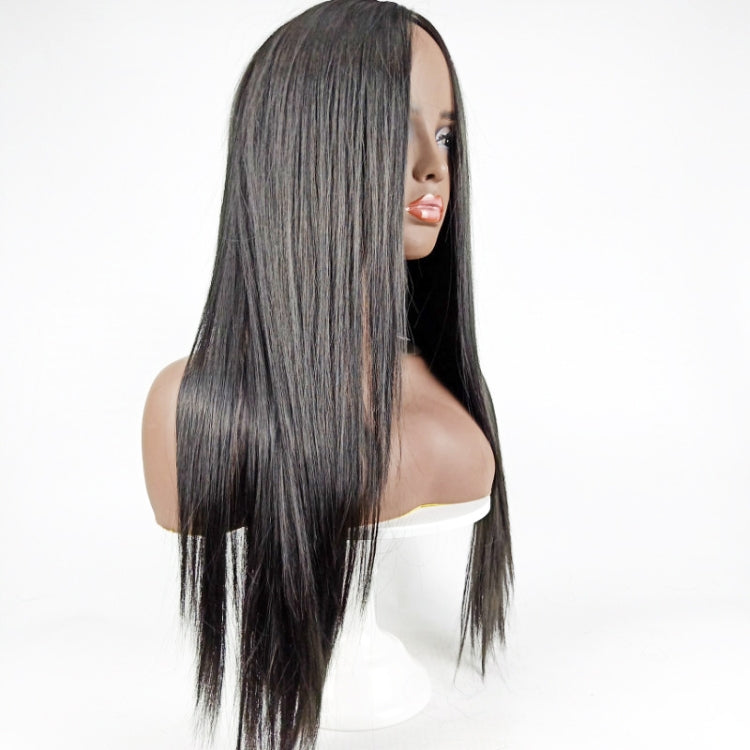 Center-parted long straight wig, dark black-gray, sleek long straight hair