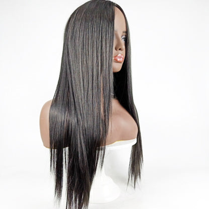 Center-parted long straight wig, dark black-gray, sleek long straight hair