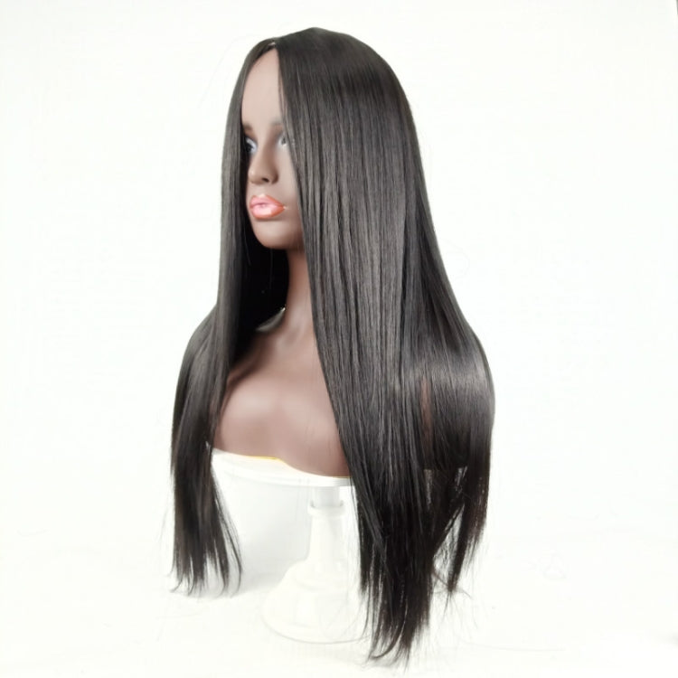 Center-parted long straight wig, glossy black, long straight hair with blunt ends