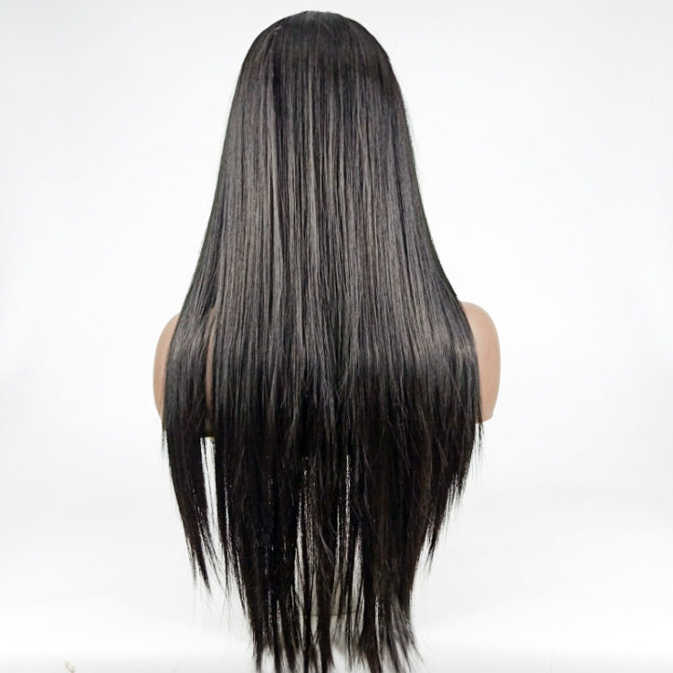 Center-parted long straight wig, back view, dark black straight hair