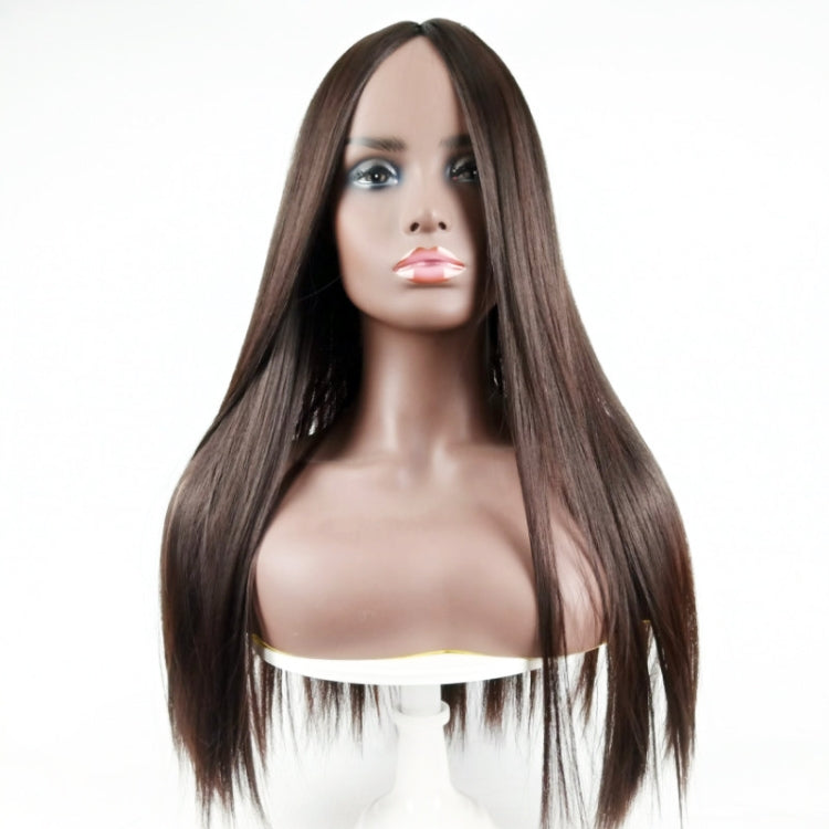 Center-parted long straight wig, deep dark brown, smooth long straight hair