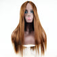 Center-parted long straight wig, linen gold, smooth long straight hair, center part