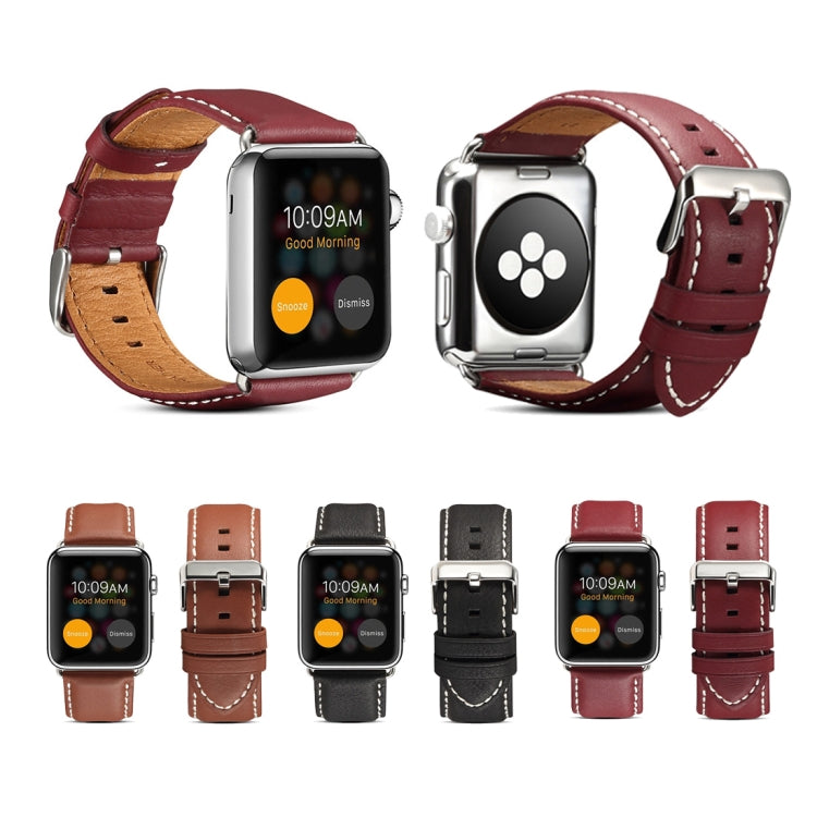 Genuine leather Apple Watch strap in red, brown, and black—front and side views