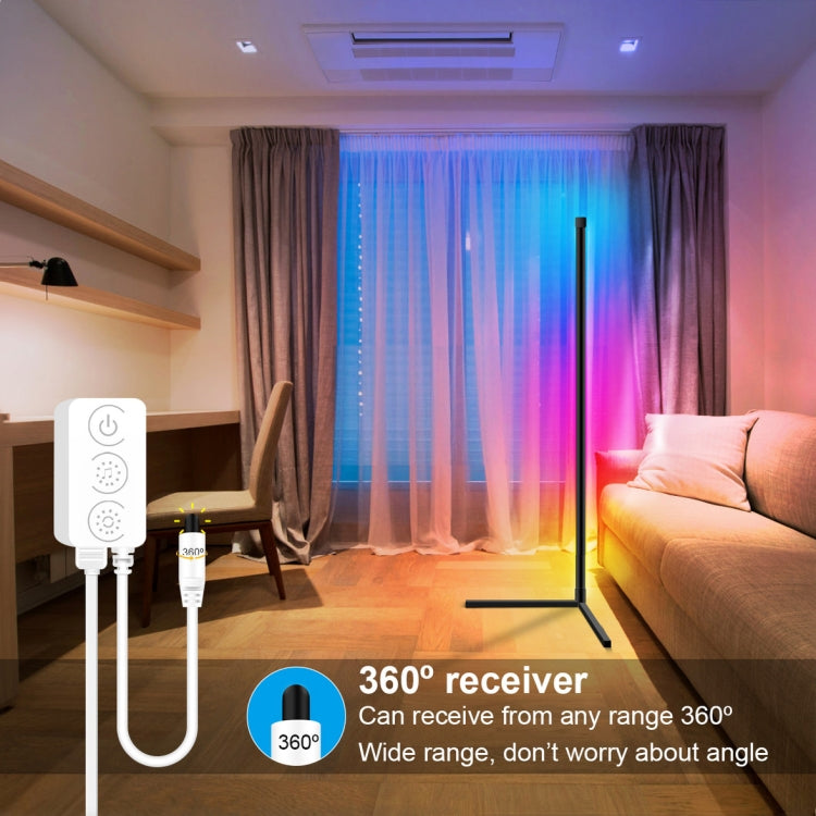 RGB LED floor lamp standing beside remote control in a living room