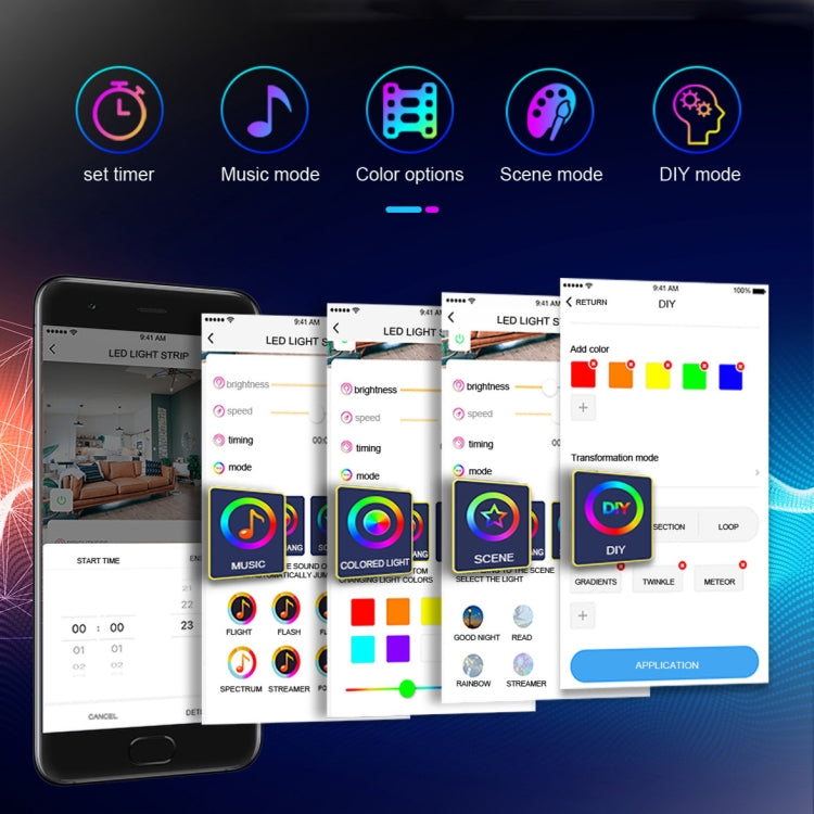 Smartphone app screen controlling LED lights with music and scene modes