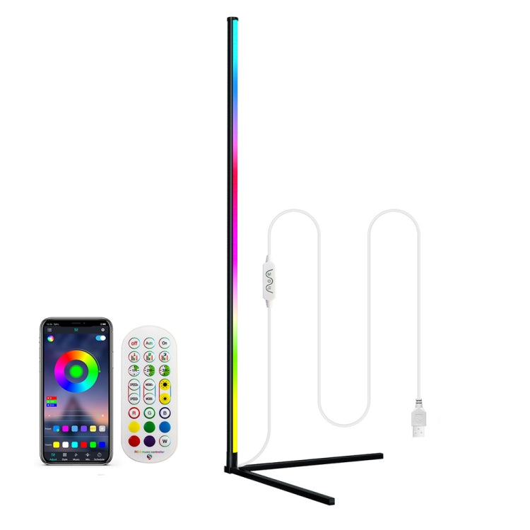 RGB LED floor light with black base stand, remote controller, and smartphone app