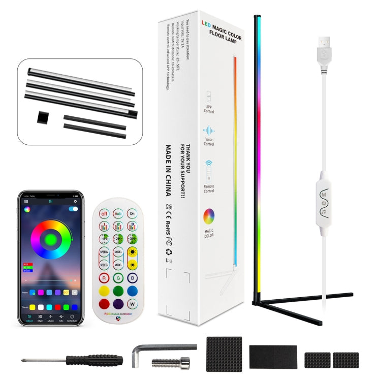 RGB LED floor light with multi-color LED tubes, remote, smartphone, and accessories