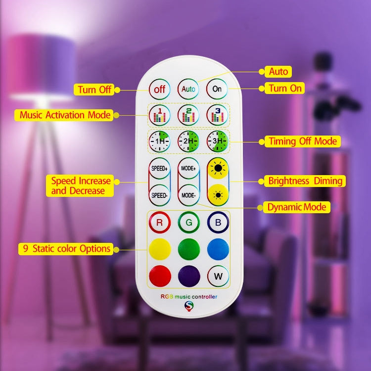 RGB music controller remote with colorful mode buttons and timing controls