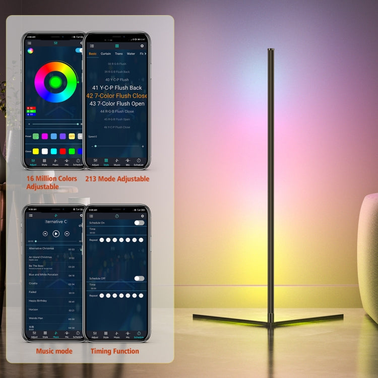 RGB LED floor light with black base stand and app screens showing color controls