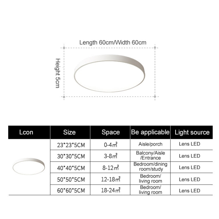 Round LED ceiling lamp size diagram: 60cm width, 5cm height, lens LED.