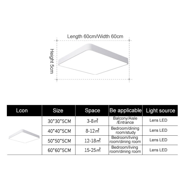 LED square ceiling lamp, white frame with size guide, 60x60 cm